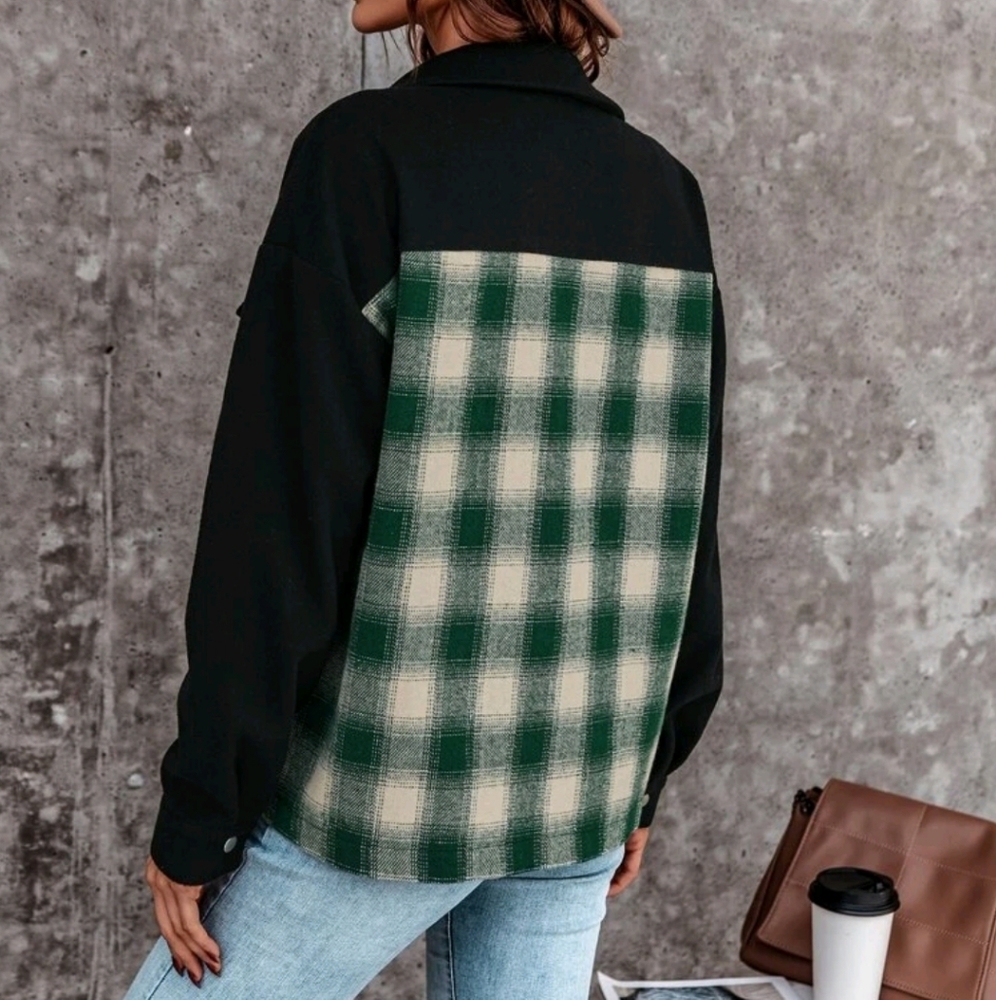 Drop Shoulder Button Front Plaid Jacket - image 2